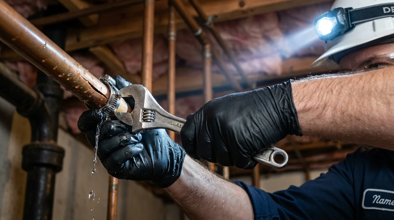 Emergency pipe clamp repair being performed by a Johns Plumbing LLC plumber in Canyon Lake