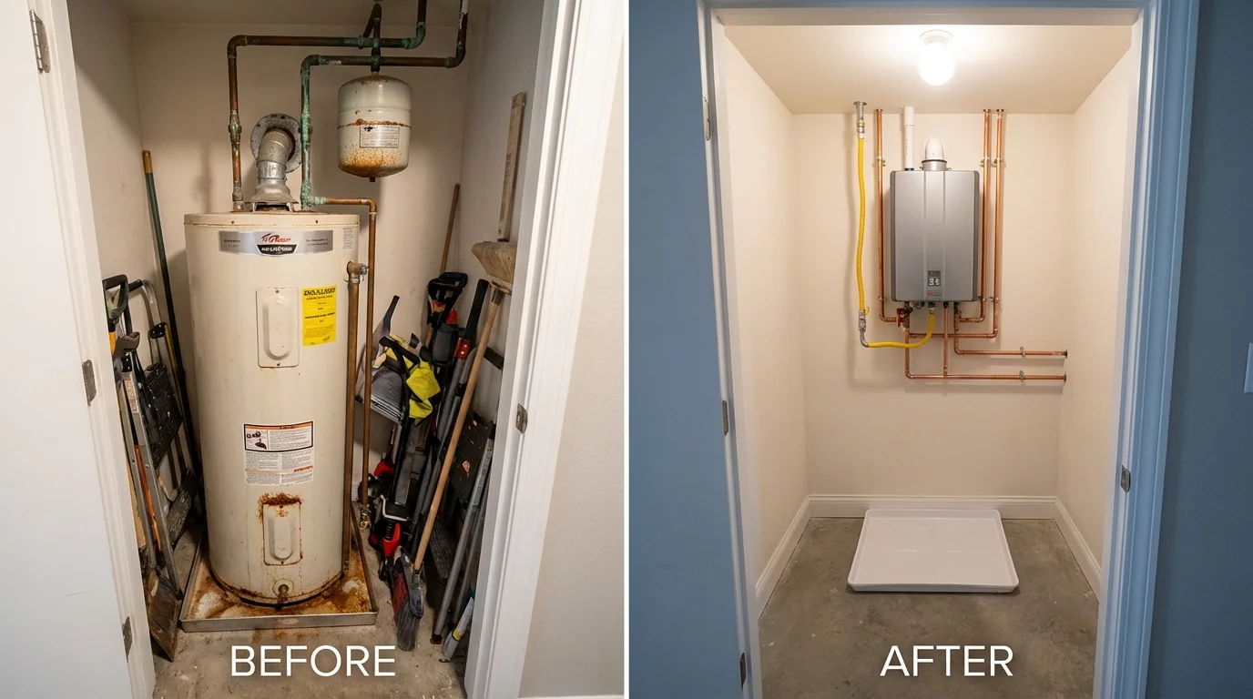 Tank water heater versus wall-mounted tankless unit comparison for Canyon Lake, TX homeowners
