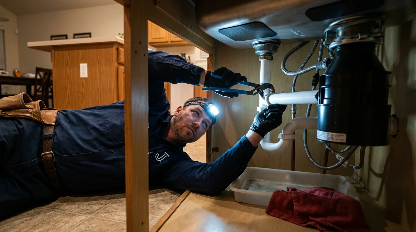 P-trap and supply line connections under a kitchen sink showing a common leak point in Canyon Lake, TX